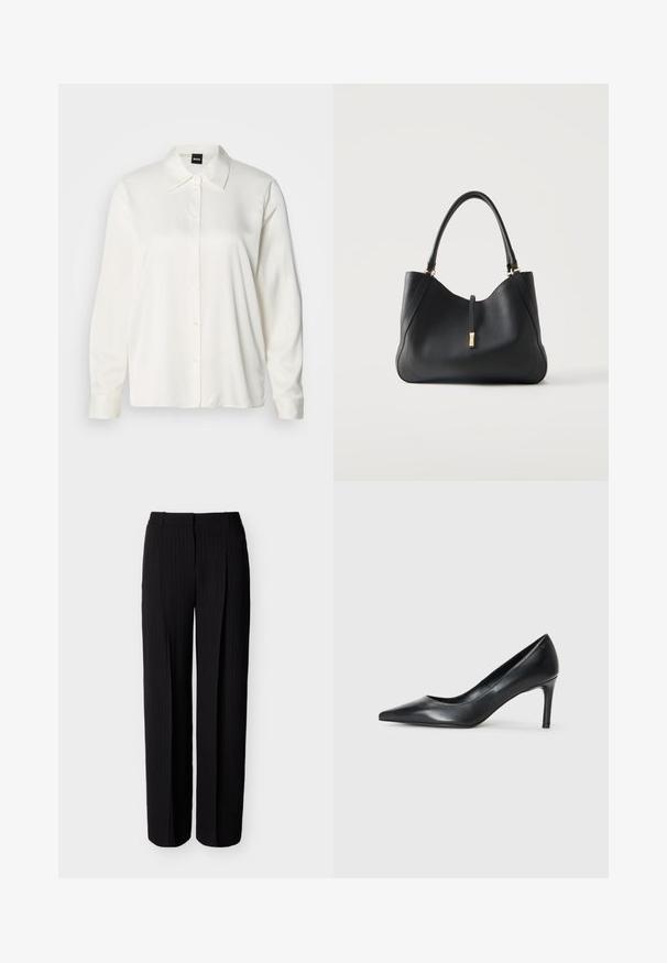 Camisa blanca de manga larga confeccionada en tela lisa, con cuello clásico, cierre frontal de botones y puños abotonados, con un corte relajado.; Pantalones negros a medida con sutiles rayas diplomáticas y corte de pierna recta, con cinturilla con trabillas y detalles de pliegue delantero.; Zapato de tacón negro de cuero con punta afilada y un tacón delgado, textura suave y sin adornos visibles. Diseño limpio con una estética minimalista.; Bolso de mano de cuero negro con una sola asa para el hombro y detalle de cierre dorado sobre fondo blanco.