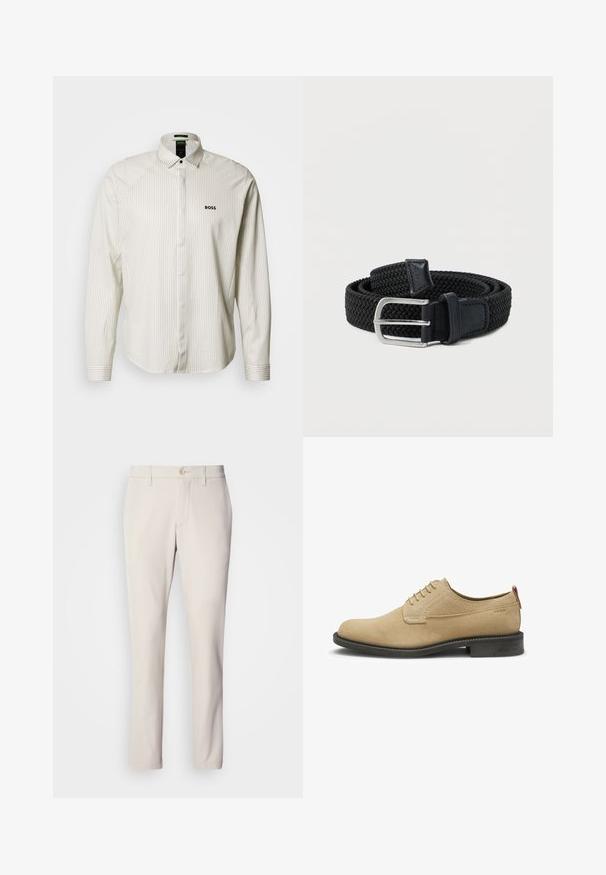 Gestreept shirt met lange mouwen in lichtbeige en wit, voorzien van een omgeslagen kraag, knoopsluiting en geborduurd "BOSS"-logo op de borst.; Beige broek met een slim fit, voorzien van een sluiting met een voorste knoop, een vlakke voorkant en een rechte pijp, gemaakt van een gladde katoenmix.; Beige suède veterschoen met zwarte zool, lage hak en gestikte details, voorzien van een klein lusje aan de achterkant.; Zwart geweven stoffen riem met een zilverkleurige metalen gesp en zwarte lederen accenten, opgerold op een lichtgrijze achtergrond.