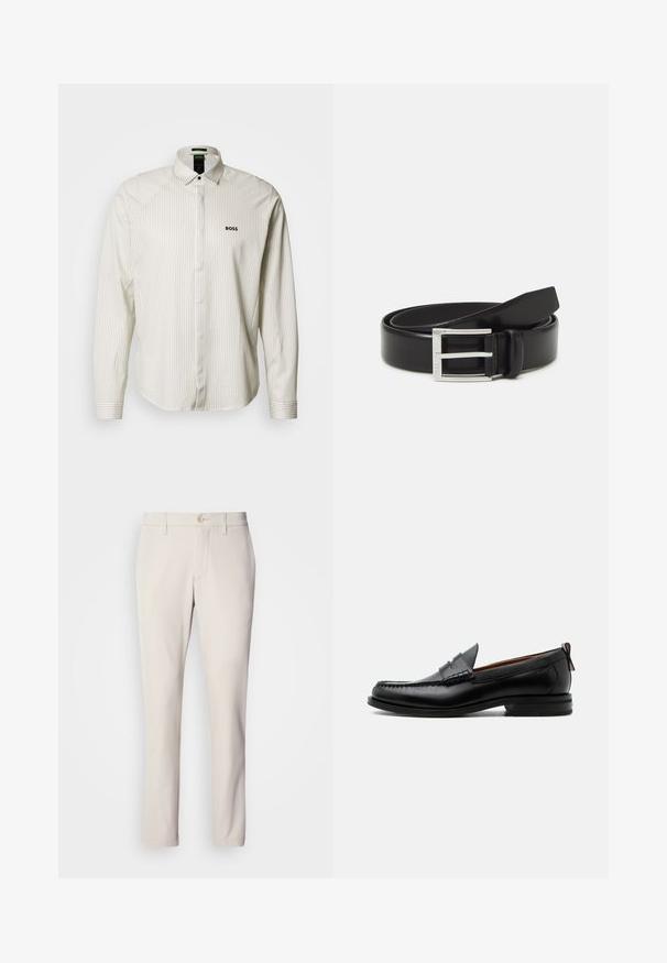 Gestreept shirt met lange mouwen in lichtbeige en wit, voorzien van een omgeslagen kraag, knoopsluiting en geborduurd "BOSS"-logo op de borst.; Beige broek met een slim fit, voorzien van een sluiting met een voorste knoop, een vlakke voorkant en een rechte pijp, gemaakt van een gladde katoenmix.; Zwarte leren herensloffen met moc toe stiksel, pennyriem, gestructureerde kraag en lage gestapelde hak op witte achtergrond.; Zwarte leren riem met een glanzende afwerking; voorzien van een zilveren metalen gesp met een rechthoekig frameontwerp en gladde randen.
