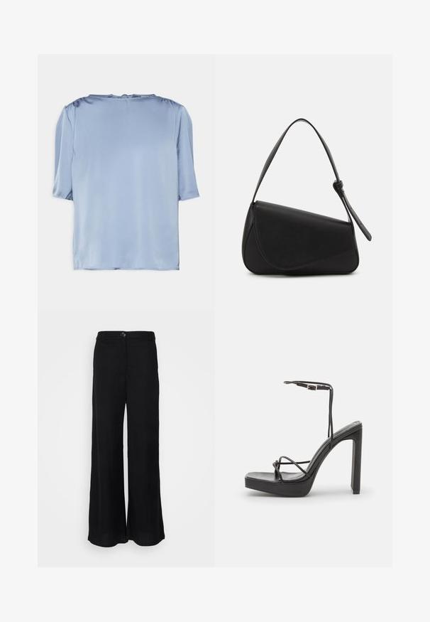 ONLY Tall ONLESTA - T-shirts basic - tempest; Sorte bukser med bred ben, lavet af letvægtsstof, der har en glat tekstur, frontknaplukning og sidelommer.; DeeZee Højhælede sandaletter / Højhælede sandaler - black; Sort læderhåndtaske med en triangular form, skrå klap og et rundt håndtag. Har en glat overflade og minimalistiske design detaljer.