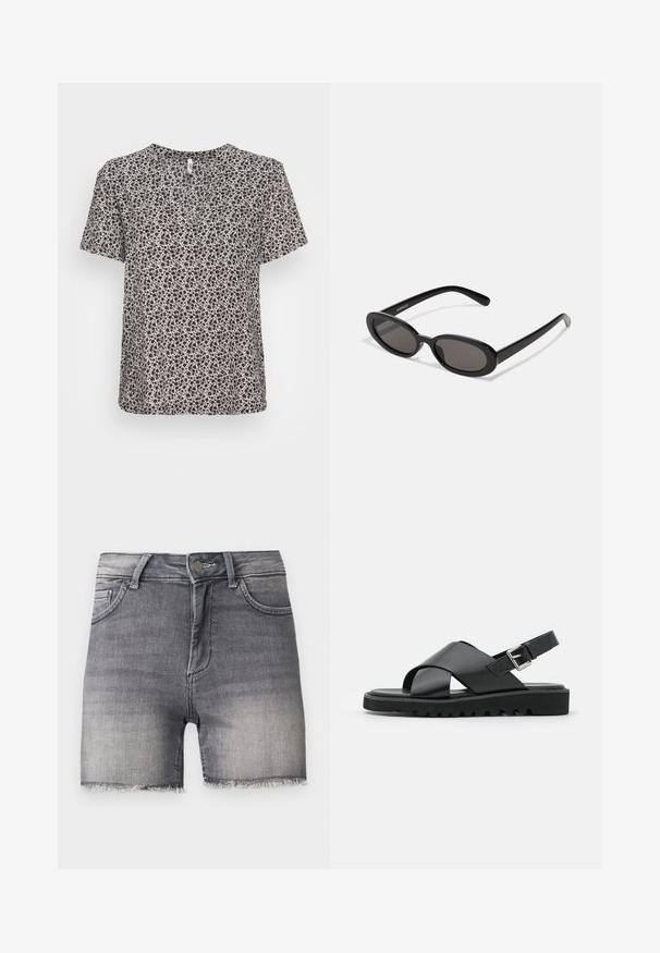 Camiseta de manga corta en tejido ligero con estampado floral en negro y crema. Diseño de escote en V con un ajuste relajado y textura suave.; Pantalones cortos de mezclilla negra desteñida con bajos deshilachados, cierre frontal con botón y cremallera, y dos bolsillos delanteros sobre un fondo liso.; Sandalias de cuero negras con diseño de tiras cruzadas, hebilla ajustable y suela texturizada con estrías para un mejor agarre.; Even&Odd by Zalando Gafas de sol - black