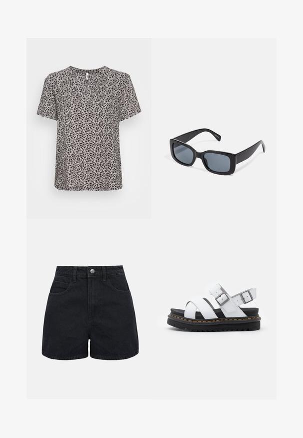 Korte mouwen top van lichtgewicht stof met een bloemmotief in zwart en crème. V-halsontwerp met een ontspannen pasvorm en een zachte textuur.; Zwarte denim shorts met hoge taille, voorste knoopsluiting, riemlussen en twee voorzakken tegen een effen witte achtergrond.; Witte leren sandalen met verstelbare gespsluitingen, gelaagde zwarte plateauzool en oranje stiksel langs de rand.; Zwarte rechthoekige zonnebril met donkere getinte lenzen, een dik plastic montuur en brede scharnieren. Glad oppervlak en hoekig ontwerp.
