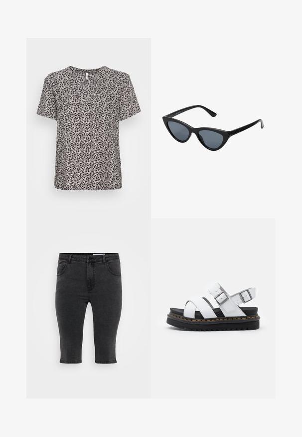 Kortærmet top i let stof med blomstermotiv i sort og creme. V-hals design med en afslappet pasform og blød tekstur.; Sorte denim capri-bukser med lige skæring, fem lommer og tonalt syning. Stoffet har en let tekstur og et klassisk design.; Hvide lædersandaler med justerbare spænder, lagdelt sort platformssål og orange syning langs kanten.; Sorte katteøje solbriller med mørkegrå linser, slankt plastisk stel, spidse hjørner og lige stænger. Ingen synlig hardware eller dekorationer.