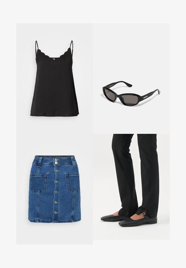 Schwarzes, gewelltes Cami-Top mit dünnen Trägern, weichem Material und lockerer Passform. Hat einen leicht geschwungenen Ausschnitt und ein schlichtes Design.; Denimrock mit schmalem Bund, fünf Metallknöpfen auf der Vorderseite und zwei großen seitlichen Taschen. Knieumspielende Länge und klassische blaue Farbe.; Beine in schwarzen schmalen Hosen mit vorderen Schlitzen am Saum, kombiniert mit schwarzen flachen Mary-Jane-Schuhen mit kleinem Schnallenriemen.; Schwarze Sonnenbrille mit rechteckigem Rahmen, dunklen Gläsern, glattem Kunststoffmaterial und einem metallischen Akzent am Bügel.