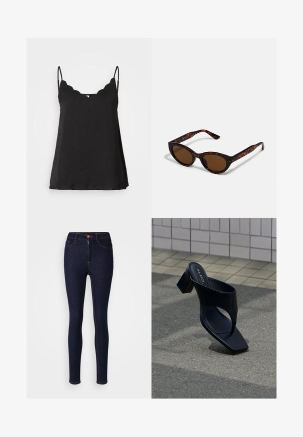 Sort scalloped cami-top med tynde stropper, blød tekstur og løs pasform. Har en let buet udskæring og et enkelt design.; Mørkeblå skinny jeans lavet af denim, med lynlås og knaplukning, samt kontraststing langs sømmene.; Sort hælsandal med firkantet tå og bred rem, placeret på grå asfalt nær flisebelagt væg.; Brune skildpadde solbriller med en vintage katteøje-form og brune linser. Har buede arme med røde detaljer.