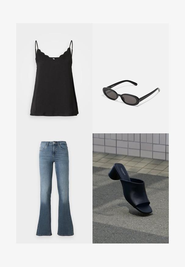 Sort scalloped cami-top med tynde stropper, blød tekstur og løs pasform. Har en let buet udskæring og et enkelt design.; Lyseblå jeans i denim med høj talje, knap- og lynlåslukning, lommer foran og bagpå samt vide ben.; Sort læder åben tå mule med blok hæl, placeret på asfalt nær flisebelagt overflade.; Even&Odd Solbriller - black