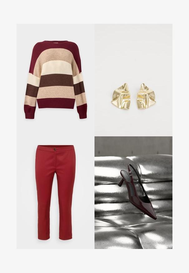 Strikket sweater med vandrette brede striber i burgunder, beige, creme og brun, med lange ærmer og rund halsudskæring.; Røde skræddersyede bukser i glat stof, med en frontlukning med knap og lige ben, designet til en tætsiddende silhuet.; Blank mørkerød slingback højhælet sko med spids tå, vist på en skinnende sølvfarvet polstret læderoverflade.; Guldmetalløreringe med et bølget design; glat, reflekterende overflade; asymmetrisk form; ingen synlige mønstre eller hardware.