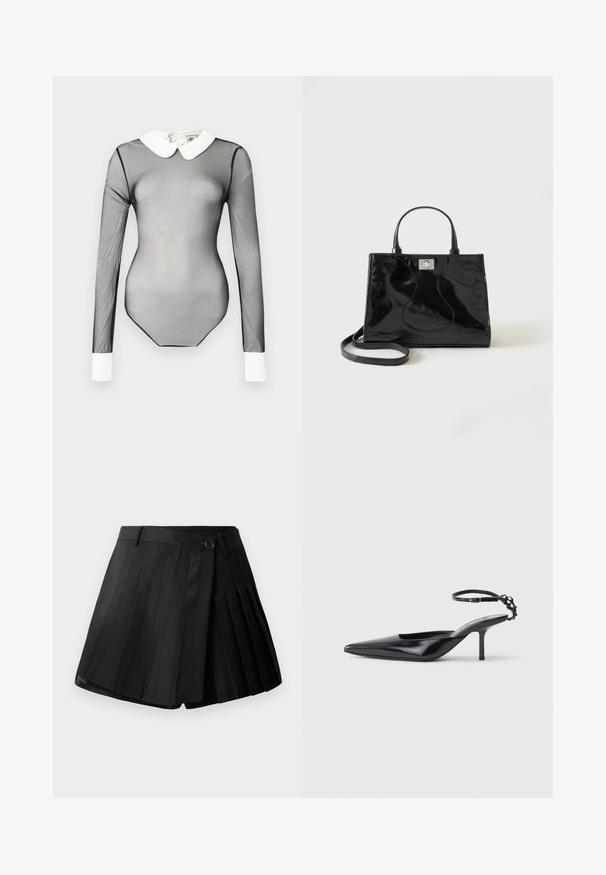 Body en voile noir à manches longues avec un col blanc. Présente une texture lisse et une coupe ajustée. Comprend une fermeture à l'arrière.; Shorts plissés noirs avec un devant plat, fermeture à bouton et tissu léger. Détails avec des plis marqués et un ourlet net.; Chaussure slingback en cuir noir, à bout pointu, avec un talon fin et une bride de cheville ornée d'un design de chaînes décoratives. Fini lisse.; Sac à main en cuir verni noir avec poignées arrondies, bandoulière détachable et fermeture à boucle argentée sur fond blanc uni.