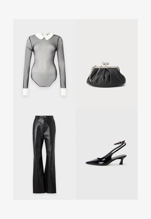 Body en voile noir à manches longues avec un col blanc. Présente une texture lisse et une coupe ajustée. Comprend une fermeture à l'arrière.; Pantalons évasés en cuir noir avec une finition soignée, poches avant et couture contrastante. Comprend une fermeture à bouton et une taille structurée.; Escarpins à brides arrière en cuir verni noir, à bout pointu, avec un petit talon carré et une sangle de cheville ajustable dotée d'une boucle dorée.; Porte-monnaie en cuir noir avec texture froncée, cadre en métal argenté, fermeture à verrouillage kiss-lock et bandoulière en chaîne. Surface lisse et douce.