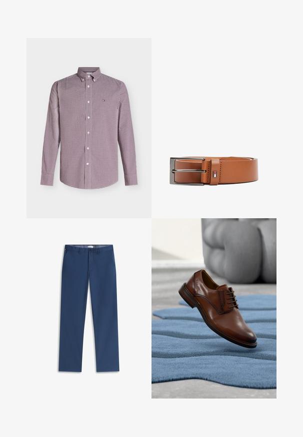 Chemise à manches longues avec petit motif à carreaux rouges et blancs et col boutonné.; Pantalon bleu marine à jambe droite avec fermeture avant par bouton et zip, poches latérales et passants de ceinture.; Chaussure habillée en cuir marron avec lacets posée sur un tapis bleu texturé, avec un canapé gris flou en arrière-plan.; Ceinture en cuir marron avec une texture lisse, boucle en métal argenté et un petit accent de logo en rouge, blanc et bleu près de la boucle.
