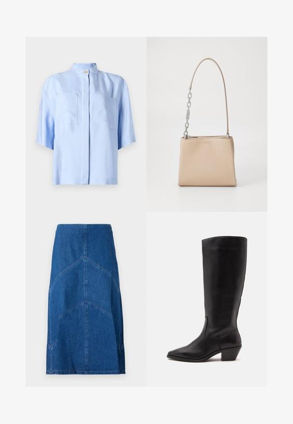 Blouse courte à manches courtes bleu clair avec un col mandarin, deux poches avant, tissu texturé et fermeture à boutons.; Jupe crayon en denim bleu foncé avec des coutures verticales et une silhouette droite. Comprend une taille et un ourlet brut.; Botte en cuir noire mi-mollet avec un bout pointu et un talon bas incliné sur un fond clair uni.; Sac à main en cuir beige au toucher lisse, avec une accent en chaîne argentée sur la poignée et une fermeture éclair. "HUGO" embouti à l'avant.