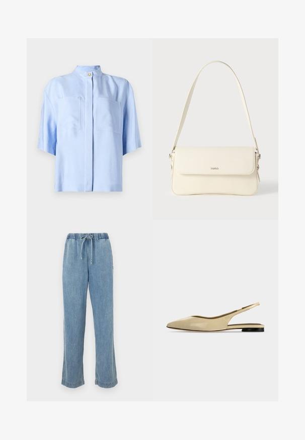 Hellblaues kurzärmeliges Blusenshirt mit Stehkragen, zwei Fronttaschen, strukturiertem Stoff und Knopfverschluss.; Helle blaue Jeans mit elastischem Bund, Kordelzug und aufgerollten Säumen. Gerades Bein mit lässiger Passform.; Beiger Slingback-Ballerina mit spitzer Kappe, niedrigem schwarzem Absatz und glattem Lederfinish, seitlich auf einfarbigem Hintergrund gezeigt.; Schultertasche aus cremefarbenem Leder mit Klappverschluss, silbernen Beschlägen, einem verstellbaren Riemen und einem dezenten Logodetail.