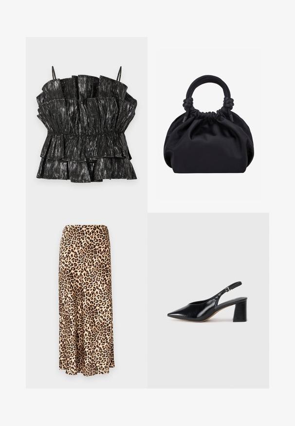 Top negro con volantes y tejido brillante y texturizado; presenta una cintura fruncida y tirantes finos ajustables. Acentuado con rayas metálicas verticales.; Falda larga de estampado de leopardo hecha de tejido suave. Base marrón clara con manchas negras y marrones. Diseño acampanado con dobladillo recto.; Zapato slingback de cuero negro con punta afilada y tacón grueso. Presenta una correa con hebilla plateada y una textura de superficie lisa.; Bolso de mano de tela negra suave con parte superior fruncida y asas acolchadas circulares atadas con nudos a cada lado.