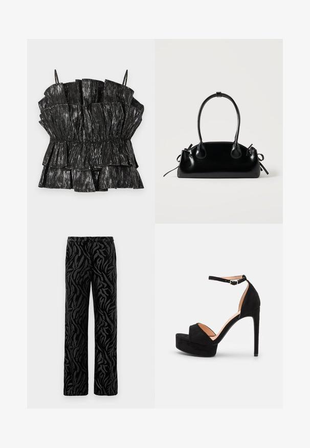 Haut noir à volants en tissu brillant et texturé ; doté d'une taille smockée et de fines bretelles ajustables. Accentué de rayures métalliques verticales.; Pantalon noir avec un motif texturé en spirale. Fabriqué en matière douce avec une coupe droite et une taille élastique pour plus de confort.; Sandale à talons hauts en daim noir avec une semelle compensée, bride de cheville avec quincaillerie en argent, design à bout ouvert et texture lisse.; Petit sac à main noir brillant avec deux longues anses et des détails à cordon sur les côtés sur un fond clair uni.