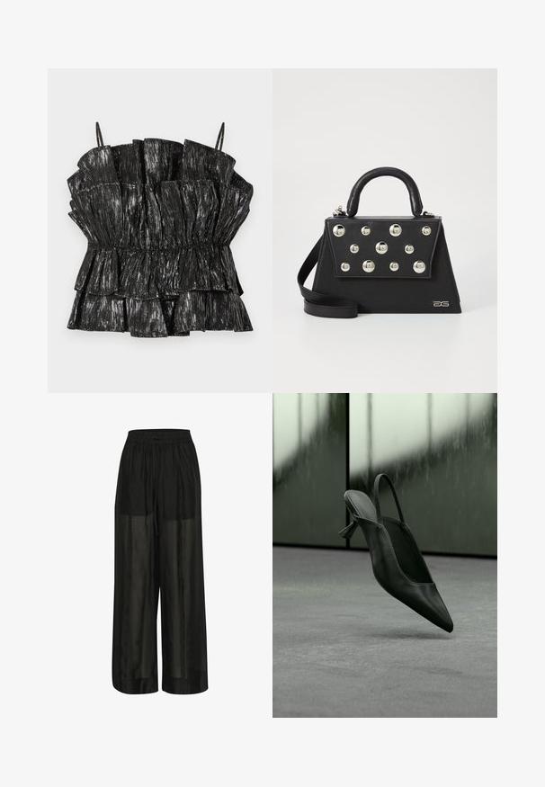 Top negro con volantes y tejido brillante y texturizado; presenta una cintura fruncida y tirantes finos ajustables. Acentuado con rayas metálicas verticales.; Pantalones de pierna ancha negros hechos de tela transparente, con una cinturilla elástica y un cordón para un ajuste ajustable y una textura suave.; Zapato de tacón alto con punta puntiaguda y talón destalonado de cuero negro flotando sobre un suelo alfombrado gris, fondo de pared verdosa borrosa.; Bolso de mano negro con forma estructurada, que cuenta con un asa superior, una correa para el hombro y remaches metálicos decorativos en la parte frontal.
