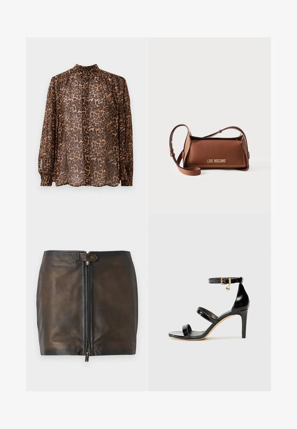 Blusa transparente de mangas largas con un patrón de estampado de leopardo en marrón y negro, collar alto y detalles plisados en las mangas.; Minifalda de cuero negro con cierre de cremallera frontal, textura suave y una cinturilla estrecha. Presenta un pequeño acento metálico en la cinturilla.; Sandalia de charol negro con tres correas, hebilla en el tobillo y tacón de aguja de 10 cm. Presenta detalles de hardware en oro y un charm con el logo.; Bolso bandolera de cuero marrón con correa ajustable y logo dorado "LOVE MOSCHINO" en la solapa frontal sobre fondo blanco.