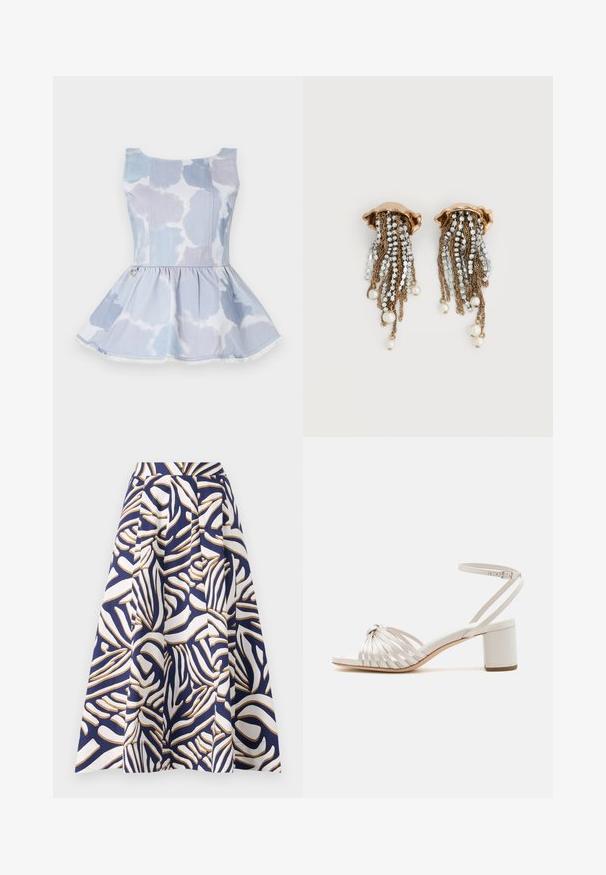 Top de mezclilla peplum en azul claro con un patrón de tie-dye, que presenta un escote en forma de barco y un detalle dorado en la cintura.; Una falda hasta la rodilla hecha de algodón con un fondo azul marino y llamativos patrones abstractos en blanco y dorado; el diseño plisado añade volumen.; Sandaña de tacón bajo en color crema con diseño de tira retorcida, textura suave, correa ajustable en el tobillo y punta abierta.; Pendientes de clip en tono dorado con cadenas de cristales en cascada y perlas blancas colgantes sobre un fondo blanco.