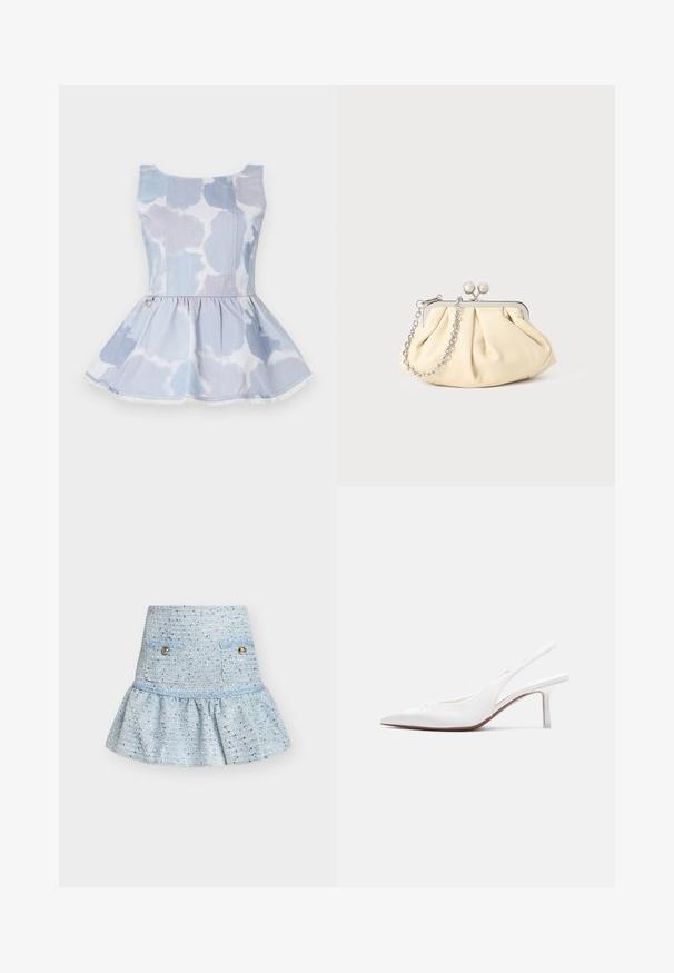 Τζιν peplum τοπ σε ανοιχτό μπλε χρώμα με σχέδιο tie-dye, διαθέτοντας λαιμόκοψη σε σχήμα σέλας και χρυσή λεπτομέρεια στη μέση.; Μίνι φούστα από γαλάζιο τουίντ με καμπυλωτό τελείωμα, δύο μπροστινές τσέπες και χρυσά κουμπιά.; Γυναικείο παπούτσι από λευκό δέρμα με λουράκι στο πίσω μέρος, μυτερή μύτη, χαμηλό τακούνι τύπου kitten και μικρό διακοσμητικό φιόγκο στην κορυφή, σε προφίλ πλευρικής όψης.; Πτυχωτό μπεζ δερμάτινο τσαντάκι με ασημένιο μεταλλικό πλαίσιο, διαθέτοντας δύο στρογγυλούς διακοσμητικούς κλειστές και μια ασημένια αλυσίδα.
