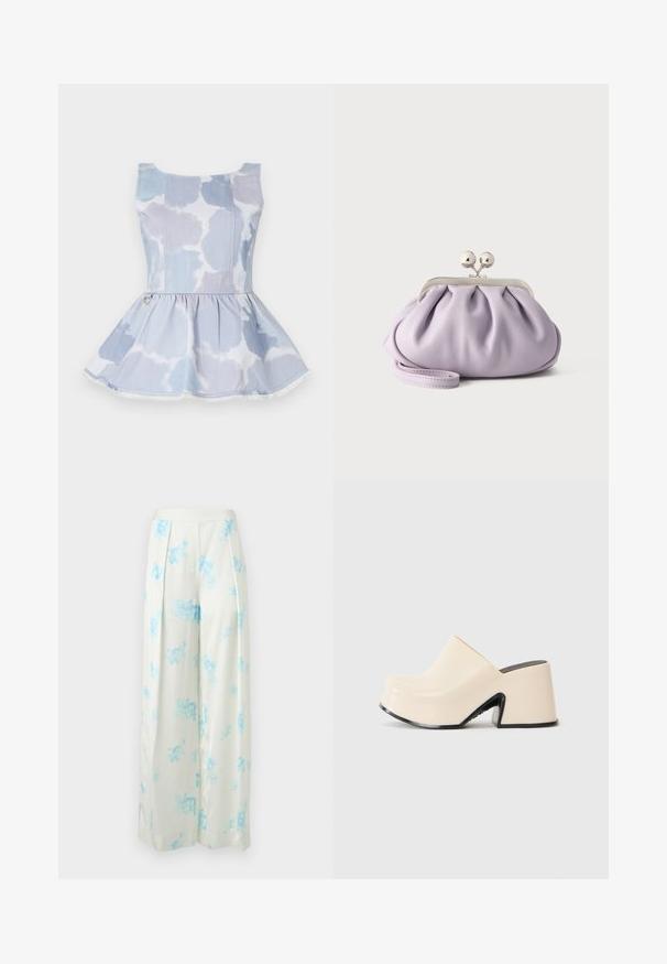 Denim peplum top in lichtblauw met een tie-dye patroon, voorzien van een ronde hals en een gouden accentdetail bij de taille.; Witte broek met wijde pijpen, lichtblauwe bloemenprint, geplooide voorkant en hoge taille tegen een effen achtergrond.; Beige rubber klomp met een stevige zwarte zool, voorzien van een brede opening en een gladde, glanzende afwerking. Eenvoudig ontwerp met een hoekige vorm.; Zachte lavendelkleurige clutch met geplooide stof, zilveren kiss-lock sluiting en bijpassend polsbandje op een effen lichte achtergrond.