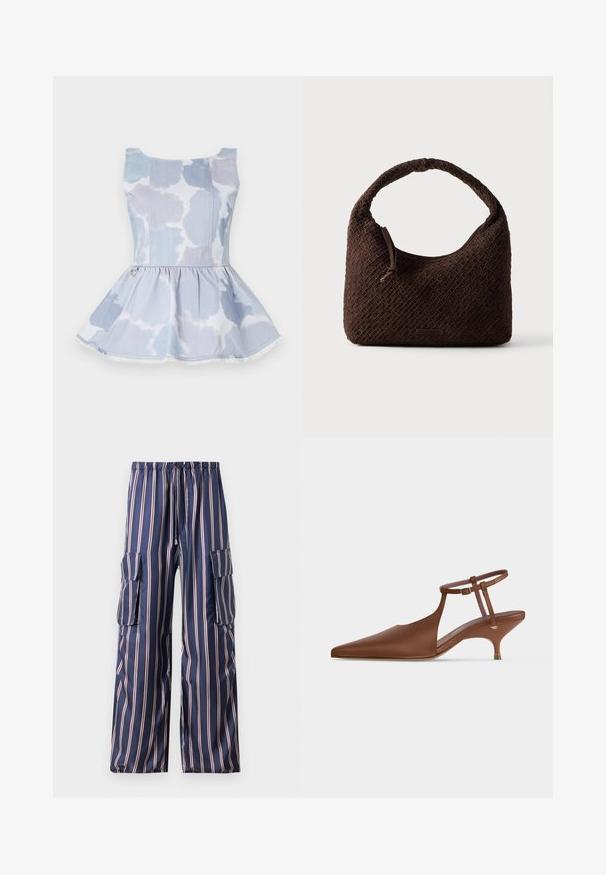 Valkoinen denim-peplum-paita vaaleansinisellä sidontakuviolla, jossa on pyöreä pääntie ja kultainen koristevyö.; Navy-raitaiset cargo-housut, jotka on valmistettu sileästä kankaasta, sisältävät elastisen vyötärön, sivutaskut ja leveät lahkeet, joissa on kontrastivärit.; Ruskea satiininen slingback-kiilakorkokenkä, jossa on terävä kärki ja säädettävä nilkkaremmin solki valkoisella taustalla.; Ruskea kudottu käsilaukku pyöreällä kahvalla, tehty teksturoidusta materiaalista. Varustettu vetoketjulla ja pienellä logokoristeella.