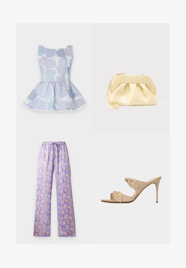 Lysblå denim peplum top med tie-dye mønster, der har en scoop halsudskæring og en detaljer i guld ved taljen.; Lyslilla blomstrede bukser med elastisk talje og snor. Har et blødt stof, vidde ben-design og et mønster af pink og grønne blomster.; Beige åben tå højhælet mule-sandal med to snoede knudestrimler og en slank stilet-hæl på hvid baggrund.; Clutch-taske i cremefarvet læder med en struktureret topramme og håndledsrem, vist mod en enkel lys baggrund.
