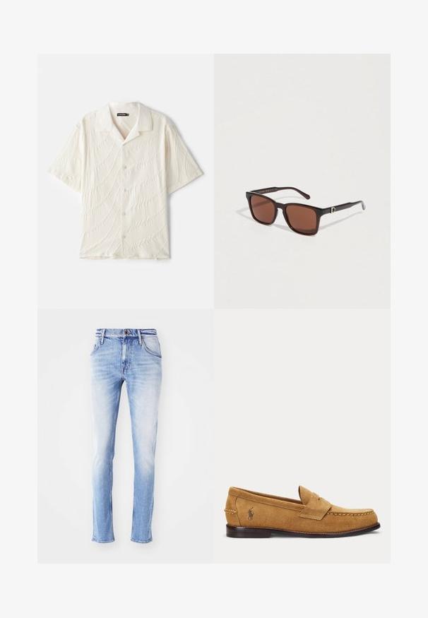 Krátky rukáv, košeľa na gombíky v odtieňoch off-white, s textúrovanou tkaninou a vzormi pripomínajúcimi vlny, a klasickým golierom.; Svetlomodré denim nohavice s vyblednutým povrchom, rovný strih, päť vreciek, pútka na opasok a uzáver na jedno gombík na páse.; Semišový mokasín v béžovej farbe s prešitými detailmi a malým vyšitým logom koňa na boku, s nízkym dreveným podpätkom a slip-on dizajnom.; Hnedo tónované štvorcové slnečné okuliare s tmavými plastovými obrúčkami a striebornými dekoračnými prvkami na straniciach. Hladká štruktúra s lesklým povrchom.