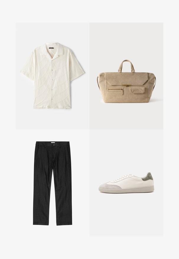 Camisa de botones de manga corta en color blanco roto, con una tela texturizada que presenta patrones en forma de olas y un cuello clásico.; Pantalones negros de corte recto para hombre con botón frontal, bragueta con cremallera y bolsillos laterales, mostrados planos sobre fondo blanco.; Zapatilla blanca de caña baja con detalles de ante gris claro en la puntera y el talón, cordones blancos y una suela plana beige, vista desde el lado exterior.; Bolsa de fin de semana beige de pana con doble asa, cierre de solapa, bolsillo frontal con cremallera y pequeño bolsillo con solapa sobre fondo blanco.