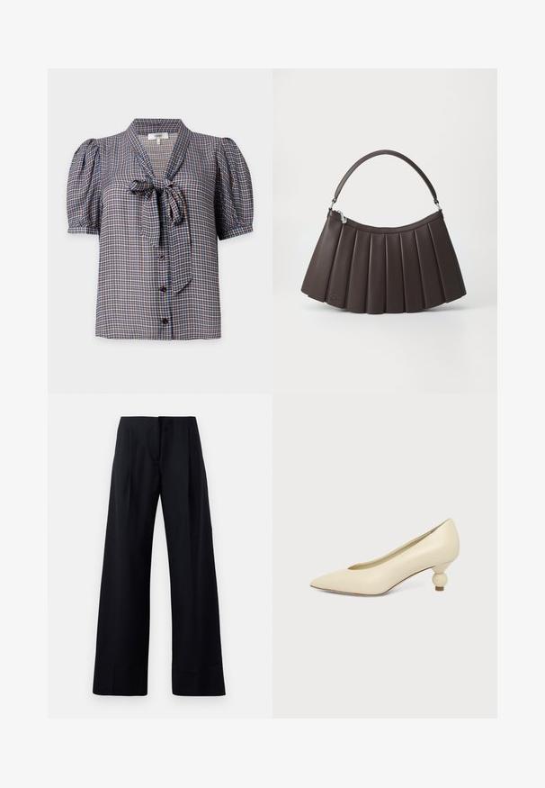 Blouse à manches courtes boutonnée avec un motif à carreaux bleu et marron et un nœud noué au col.; Pantalon noir à rayures fines avec une coupe évasée, présentant des plis marqués et une finition soignée. Fabriqué à partir d'un tissu lisse et léger.; Chaussure femme couleur crème à bout pointu avec un petit talon rond en forme de boule, sur fond uni.; Sac à main marron plissé avec un sommet arrondi, une base plate et une poignée courte. Fabriqué en matière lisse avec un détail de marque subtil.