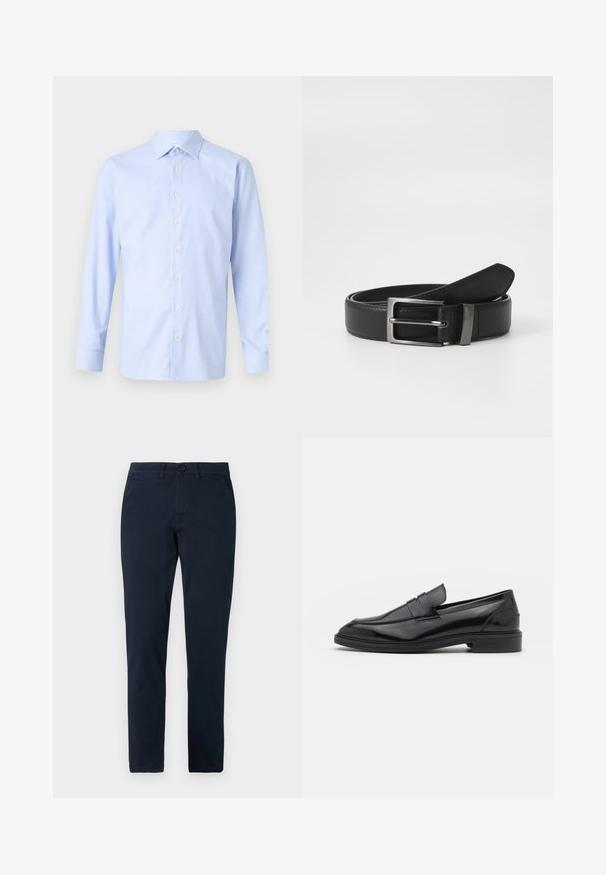 Hellsblaues Langarmhemd mit kariertem Muster, Knopfleiste, spitzen Kragen und subtiler Textur. Taillierte Passform mit geknöpften Manschetten.; Herren Slim-Fit schwarze Hose mit vorderem Knopf- und Reißverschluss, Gürtelschlaufen und Seitentaschen.; Schwarze Lederloafers mit glatter Oberfläche, runder Spitze und schmalem Riemen über dem Obermaterial. Niedriger, gestapelter Absatz.; Schwarzer Ledergürtel mit einer silbernen Metallschnalle, der eine glatte Oberfläche und ein klassisches Design aufweist. Der Gürtel ist ordentlich gefaltet.