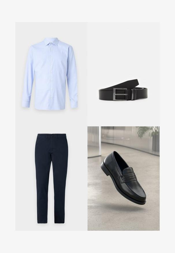 Camisa de manga larga azul claro con un patrón a cuadros, cierre de botones en la parte delantera, cuello puntiagudo y una textura sutil. Corte entallado con puños abotonados.; Pantalones negros de corte ajustado para hombre con cierre frontal de botón y cremallera, trabillas para cinturón y bolsillos laterales.; Mocasín de cuero negro con textura suave, punta puntiaguda y una correa decorativa a lo largo del empeine. Suela ligera, diseño minimalista.; Cinturón de cuero negro con hebilla rectangular de metal plateado, diseño plano y textura suave. Los extremos se estrechan para facilitar el enhebrado.