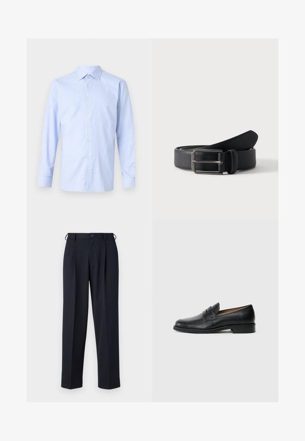 Lichtblauwe shirt met lange mouwen, voorzien van een geruit patroon, knoopsluiting aan de voorkant, puntige kraag en een subtiele textuur. Perfecte pasvorm met knoopmanchetten.; Donkerblauwe op maat gemaakte broek met knoop- en ritsluiting aan de voorkant, riemlussen en zijzakken, getoond op een witte achtergrond.; Zwarte leren instappers met een ronde neus, voorzien van een frontstrapdetail en een lage, stevige hak. Gladde textuur en een slank ontwerp.; Zwarte leren riem opgerold met een rechthoekige zilveren metalen gesp op een effen lichte achtergrond.