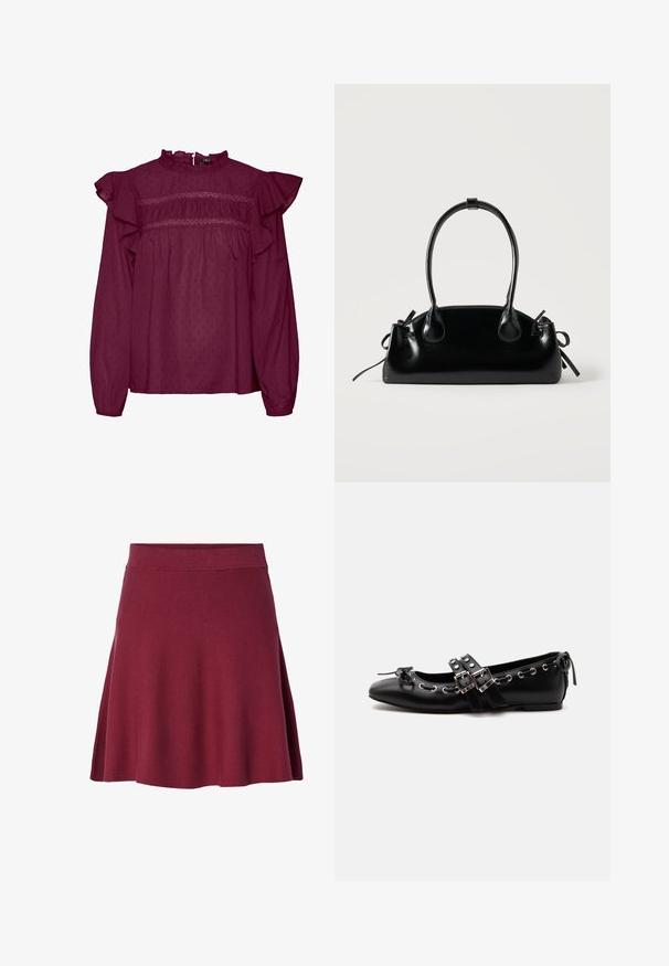 Blusa burdeos con mangas con volantes, con detalles fruncidos en el pecho, hecha de tejido ligero con una sutil textura de puntos.; Falda burdeos de longitud hasta la rodilla, hecha de un tejido suave y elástico; diseño acampanado con una cinturilla lisa y sin cierres ni patrones visibles.; Zapato de ballet plano negro con correas de doble hebilla, ojales plateados y un pequeño lazo cerca de la puntera redondeada sobre un fondo blanco.; Pequeño bolso negro brillante con dos asas largas y detalles de cordón lateral sobre un fondo claro liso.