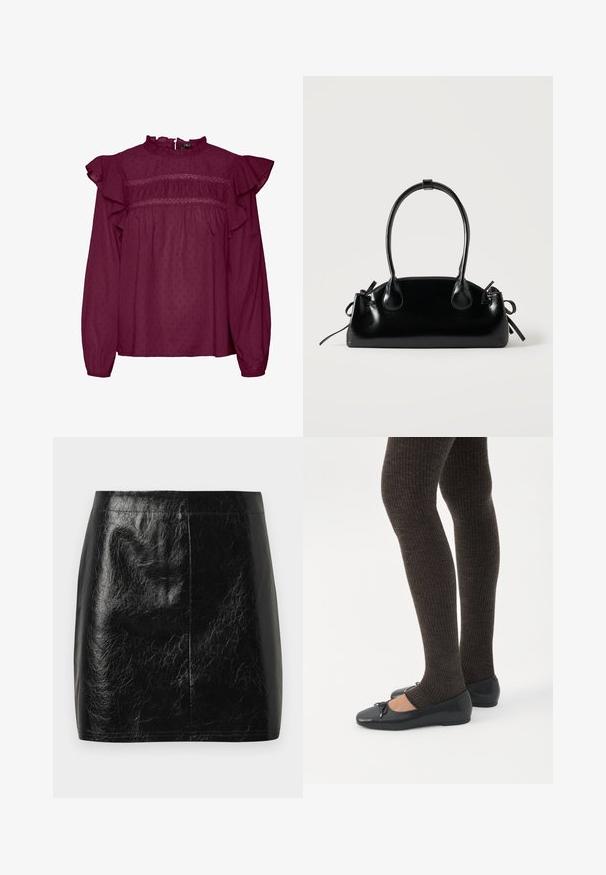 Blouse bordeaux avec des manches à volants, détails froncés au niveau de la poitrine, fabriquée en tissu léger avec une texture à pois subtile.; Jupe mini en cuir synthétique noir avec une texture lisse et brillante, présentant une coupe droite et des coutures minimales au niveau de la taille.; Jambes portant des leggings côtelés foncés associés à des ballerines noires avec de petits détails en nœud sur fond blanc.; Petit sac à main noir brillant avec deux longues anses et des détails à cordon sur les côtés sur un fond clair uni.