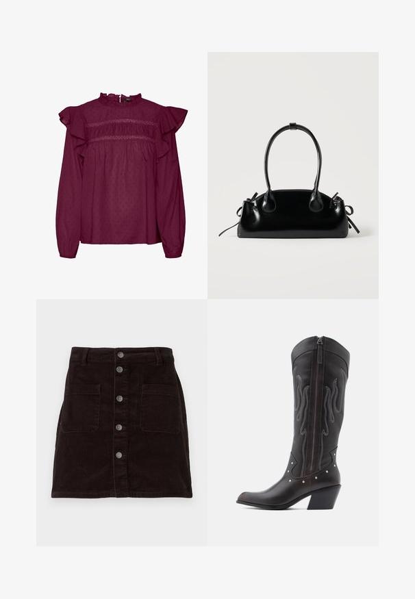 Blouse bordeaux avec des manches à volants, détails froncés au niveau de la poitrine, fabriquée en tissu léger avec une texture à pois subtile.; Jupe en velours côtelé marron au design cintré, avec fermeture à boutons sur le devant, deux poches latérales et une texture côtelée verticale sur l'ensemble.; Bottes de cowboy en cuir marron avec surpiqûres en forme de flammes, fermeture éclair latérale, clous argentés, bout pointu et talon superposé.; Petit sac à main noir brillant avec deux longues anses et des détails à cordon sur les côtés sur un fond clair uni.