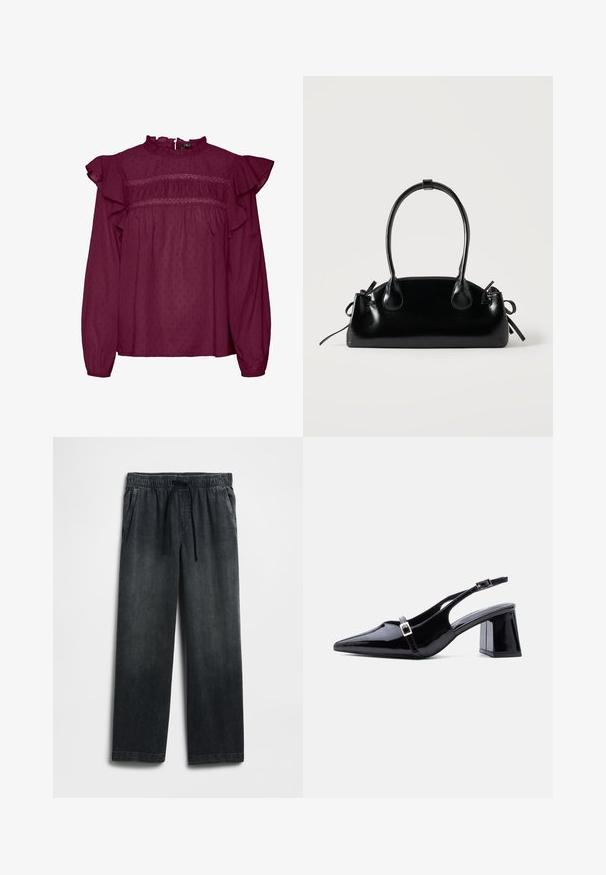 Bordeaux-bluse med rynkede ærmer, stribet detalje ved brystet, lavet af letvægtsstof med en subtil prikket tekstur.; Sorte denimbukser med elastisk talje og snøre, vid pasform og diskret falmet look. To sidelommer inkluderet.; Sort laklæder slingback-hæl med spids tå, lav blokhæl og to små sølvspænder på stropperne.; Lille sort blank håndtaske med to lange håndtag og snøre-detaljer i siden på en ensfarvet lys baggrund.