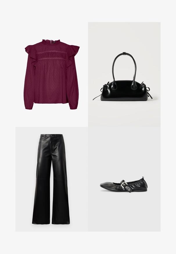 Blusa burdeos con mangas con volantes, con detalles fruncidos en el pecho, hecha de tejido ligero con una sutil textura de puntos.; Pantalones de imitación de cuero negros de cintura alta y pierna ancha con botón frontal, cierre de cremallera, pasadores para cinturón y bolsillos laterales sobre fondo blanco.; Zapato plano de piel negra con puntera afilada, detalle fruncido alrededor de la abertura y un acento de hebilla plateada en la correa ajustable.; Pequeño bolso negro brillante con dos asas largas y detalles de cordón lateral sobre un fondo claro liso.