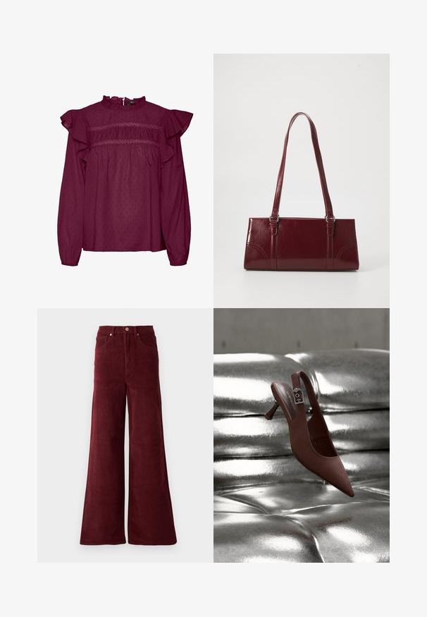 Blusa burdeos con mangas con volantes, con detalles fruncidos en el pecho, hecha de tejido ligero con una sutil textura de puntos.; Pantalones de pana de pierna ancha en burdeos, con una cintura alta, bolsillos frontales y cierre de botón. Tela texturada de canalé en toda la prenda.; Zapato slingback marrón con punta, tacón bajo y correa con hebilla, reposando sobre una superficie acolchada plateada metálica y brillante.; Bolso burdeos hecho de material brillante, de forma rectangular, con dos asas para el hombro y sutiles acentos curvados en la parte frontal.