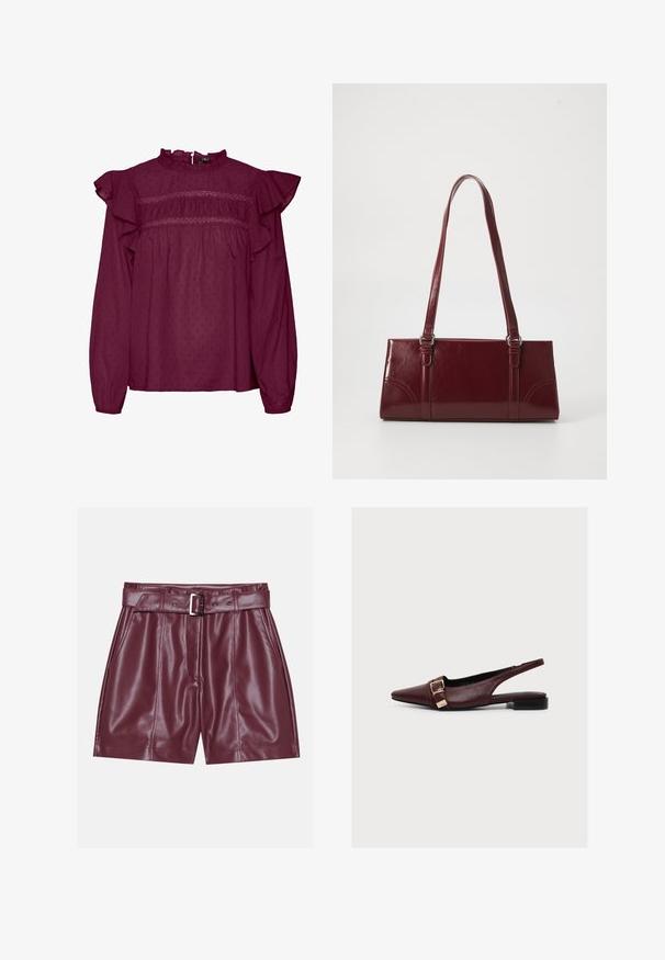 Bordeaux-bluse med rynkede ærmer, stribet detalje ved brystet, lavet af letvægtsstof med en subtil prikket tekstur.; Burgunderfarvede faux lædershorts med en bred talje, et bælte med en sølvspænde og frontfald for en afslappet silhuet.; Bourgogne læderrundesko med spids tå, guldbeslag og lav sort hæl på ensartet lys baggrund.; Bordeaux håndtaske lavet af glansfuldt materiale, rektangulær form, med to skulderremme og subtile buede detaljer på forsiden.