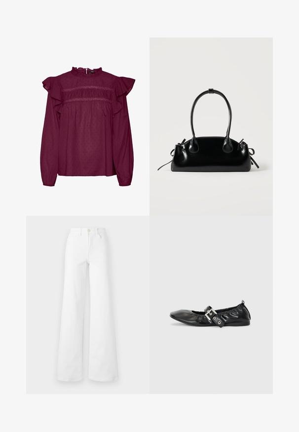 Blouse bordeaux avec des manches à volants, détails froncés au niveau de la poitrine, fabriquée en tissu léger avec une texture à pois subtile.; Jean large blanc en denim avec une taille haute, comportant des poches avant, des passants de ceinture et une fermeture à bouton. Texture lisse, sans motifs.; Chaussure plate en cuir noir avec un nez pointu, des détails froncés autour de l'ouverture et un accent en boucle argentée sur la bride ajustable.; Petit sac à main noir brillant avec deux longues anses et des détails à cordon sur les côtés sur un fond clair uni.