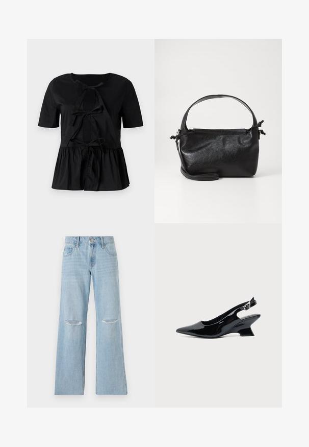 Must have lühikeste varrukatega must topp, ümmarguse kaelusega, millel on ees kaelaehe ja kogunenud peplum alläär. Sile tekstuur.; Heledad sinised teksad kõrge vöökohaga, laiad sääred ja kaks rebendit põlvede juures. Omab vöölukke ja eesmine taskut.; Mustast lakknahast slingback king, millel on terav nina ja madal kalle plokktald, ühtlase heleda taustaga.; Must mustrikujundusega must nahast käekott, ümarate pealmiste käepidemete ja eemaldatava õlalihaga. Omab siledat tekstuuri ja peent sära.