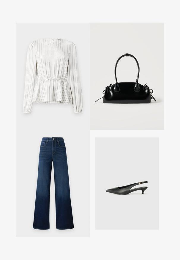 Witte blouse met lange mouwen en verticale zwarte strepen, gathered taille, ronde hals en elastische manchetten. Lichtgewicht stof met een zachte textuur.; Wide-leg donkerblauwe jeans van denim, met een hoge taille, vijf zakken en contrasterende stiksels langs de naden.; Zwarte puntschoen met slingback van soepel leer. Kenmerkt zich door een dunne hak en een gespdetail op de verstelbare band.; Kleine zwarte glanzende handtas met twee lange hengsels en zijkant trekkoord details op een effen lichte achtergrond.