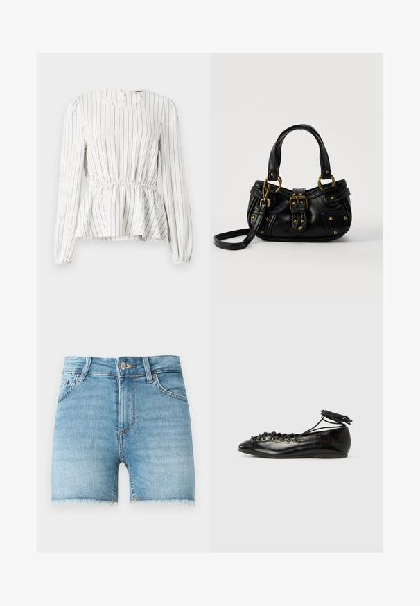 Blouse blanche à manches longues avec des rayures verticales noires, taille froncée, encolure ronde et poignets élastiques. Tissu léger avec une texture douce.; Shorts en denim bleu clair avec un ourlet effiloché, cinq poches et une fermeture à bouton à l'avant. Présente une légère décoloration et une coupe classique.; Ballerines en cuir verni noir avec un bout rond, un design à lacets et une semelle plate. Texture lisse avec peu de détails.; Sac à main en cuir noir avec boucle dorée et détails à rivets, poignées courtes et bandoulière réglable sur fond blanc uni.
