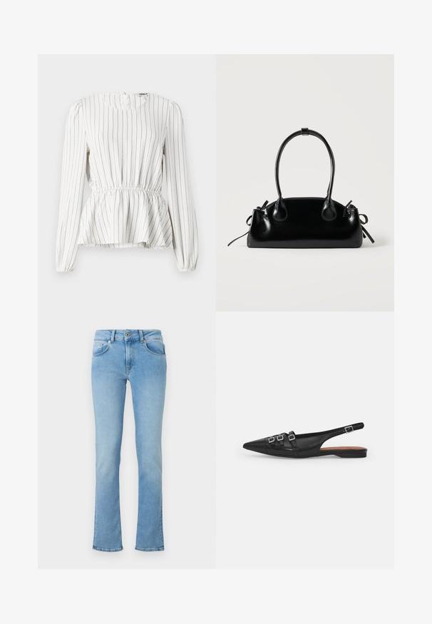 Blusa blanca de manga larga con rayas verticales negras, cintura fruncida, escote redondo y puños elásticos. Tejido ligero con textura suave.; Jeans de denim azul claro con una cintura ajustada, piernas acampanadas, diseño de cinco bolsillos y cierre de botón. La tela tiene una textura suave.; Zapato plano slingback de cuero negro con puntera puntiaguda, que presenta dos correas horizontales y hebillas plateadas cuadradas, tacón bajo y textura suave.; Pequeño bolso negro brillante con dos asas largas y detalles de cordón lateral sobre un fondo claro liso.