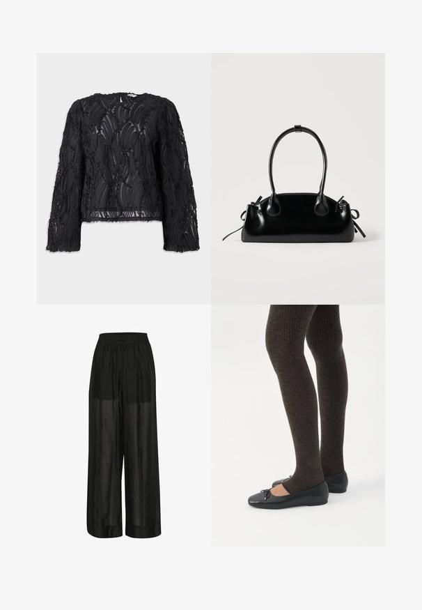 Top negro de manga larga con diseño texturizado en capas y espirales. Confeccionado con material transparente, tiene un cuello redondo y bordes sin rematar.; Pantalones de pierna ancha negros hechos de tela transparente, con una cinturilla elástica y un cordón para un ajuste ajustable y una textura suave.; Piernas con leggings oscuros acanalados combinados con bailarinas negras que presentan pequeños detalles de lazo sobre un fondo blanco.; Pequeño bolso negro brillante con dos asas largas y detalles de cordón lateral sobre un fondo claro liso.