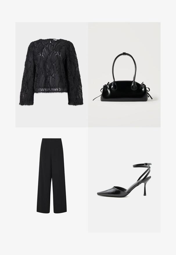 Haut noir à manches longues avec un design superposé et texturé présentant des tourbillons. Fabriqué à partir d'un matériau transparent, avec un col rond et des bords bruts.; Pantalons noirs évasés cropped avec taille haute et poches latérales, présentant des détails de coutures verticales subtiles.; Escarpin noir à bout pointu avec fines brides de cheville et fermeture à boucle argentée sur fond clair uni.; Petit sac à main noir brillant avec deux longues anses et des détails à cordon sur les côtés sur un fond clair uni.