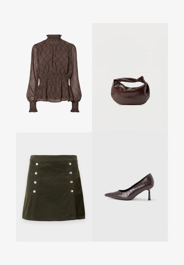 Brun ternet bluse med en smocket høj krave og manchetter, lavet af let vævet stof og med en peplum-silhuet. Bemærkelsesværdigt ternet mønster over det hele.; Olivenfarvet kordfløjlsskyder med fem sølvfarvede knapper fortil og en sidelomme, med en lige snit og subtil tekstur.; Brune kunstlæder stiletter med spidse tæer og krokodilletekstur, der har en slank, vinklet hæl og en glat inderside.; Mørkebrun læder skuldertaske med en blød, afslappet form og et snoet knudehåndtag på en ensartet hvid baggrund.
