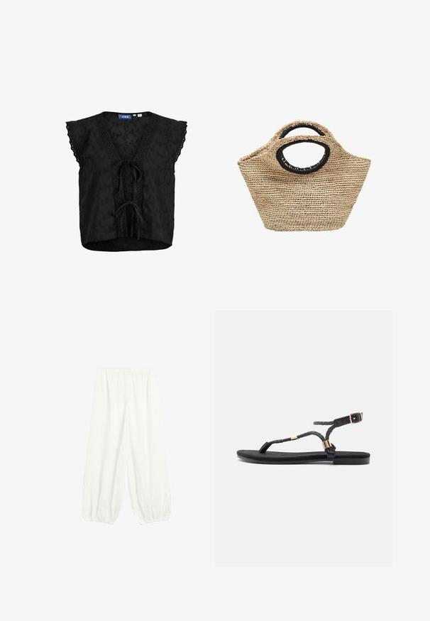 Sort ærmeløs bluse med blondekant, V-hals, broderet blomstermønster og bindelukninger foran.; Løse, hvide, lette bomuldsbukser med elastisk taljebånd og elastiske, opsamlede manchetter ved anklerne.; Sorte flade sandaler med flettede stropper og en metallisk detalje. Har en justerbar spænde og flad gummisål for komfort.; Flettet stråtaske med afrundede, sortkantede håndtag og en bred, let trapezformet form mod en hvid baggrund.