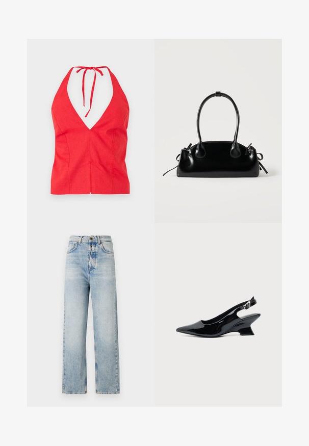 Top halter rojo con escote en V profundo, hecho de tela texturizada, que cuenta con una tirante para el cuello atado y un corte ajustado con una costura frontal.; Jeans de color azul claro con un diseño de pierna recta, fabricados en denim. Presentan cinco bolsillos, un cierre de botón y un desgaste sutil en toda la prenda.; Zapato slingback de cuero charol negro con puntera puntiaguda y tacón bajo en bloque inclinado sobre fondo claro liso.; Pequeño bolso negro brillante con dos asas largas y detalles de cordón lateral sobre un fondo claro liso.
