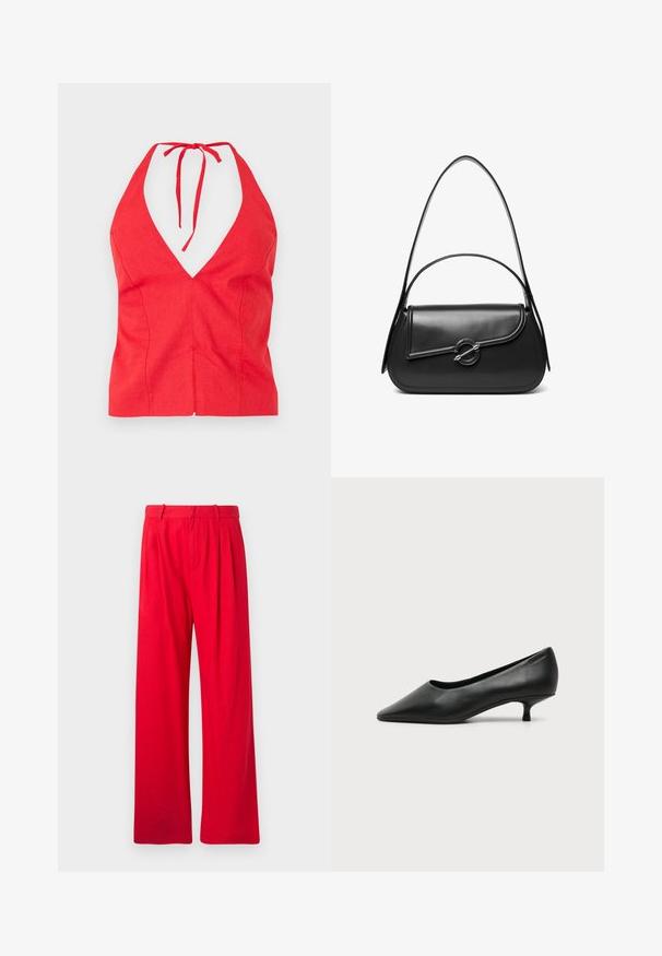 Haut halter rouge avec un décolleté en V profond, fabriqué en tissu texturé, avec une sangle de cou nouée et une coupe ajustée avec une couture à l'avant.; Pantalons larges rouges en tissu doux, avec des plis sur le devant, une taille plate et une texture lisse. Pas de poches visibles ni de motifs.; Escarpin femme en cuir noir à petit talon, bout pointu et petit talon kitten sur fond clair uni.; Sac à bandoulière en cuir noir avec un rabat incurvé fermé par un fermoir métallique rond et une sangle fine et ajustable.