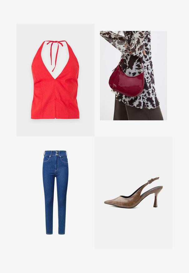 Top halter rojo con escote en V profundo, hecho de tela texturizada, que cuenta con una tirante para el cuello atado y un corte ajustado con una costura frontal.; Jeans de mezclilla azul de talle alto con un ajuste slim, que cuentan con dos botones en la cintura, bolsillos delanteros y detalles de costura en contraste.; Zapato destalonado de piel marrón con tacón alto, punta estrecha, tira ajustable con hebilla y tacón delgado y cónico.; Mujer con blusa de estampado en blanco y negro sosteniendo un bolso de hombro rojo brillante sobre un fondo liso.